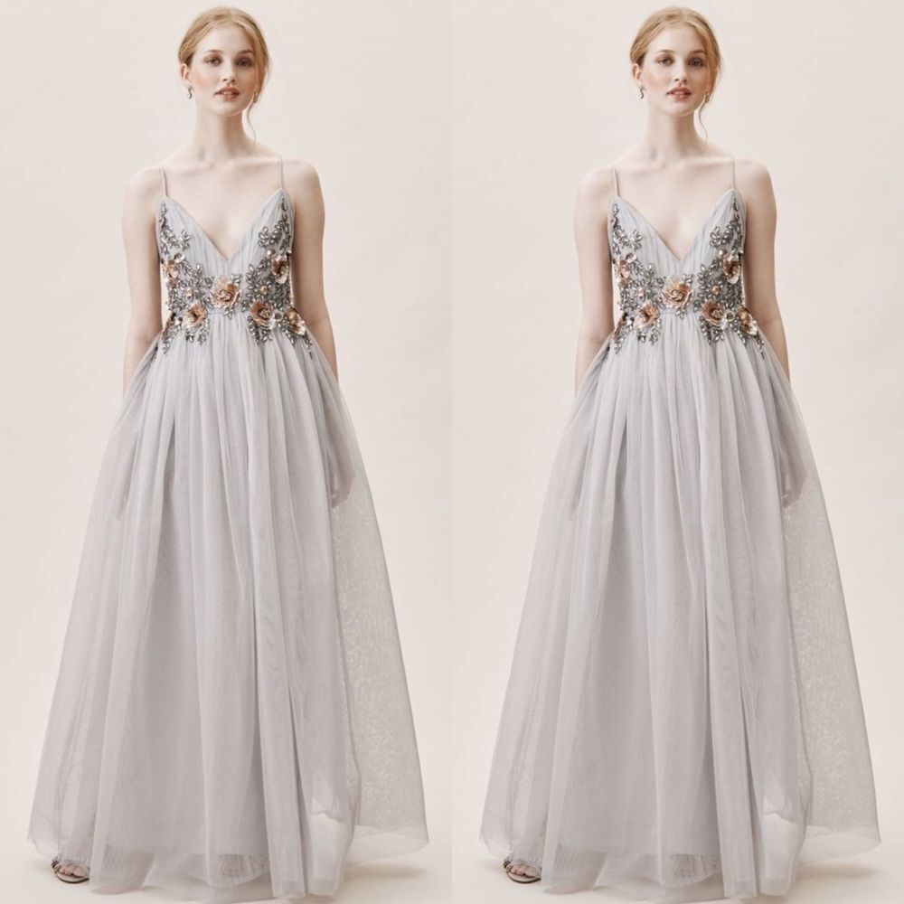 BHLDN Gray Maxi Dress with Floral Embellishments